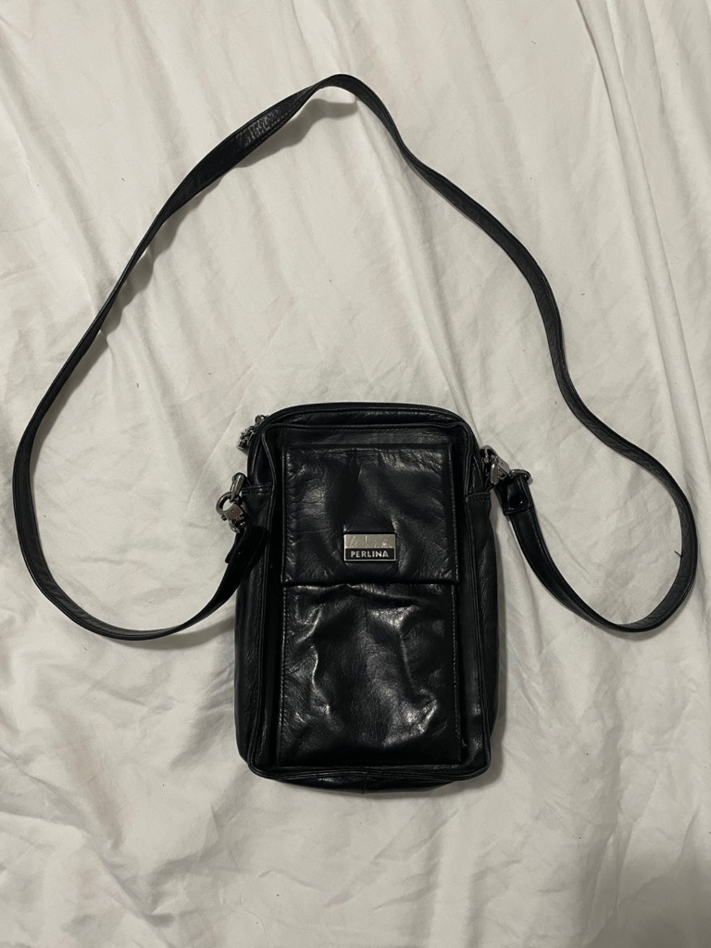 Perlina Black Leather Messenger Crossbody Bag